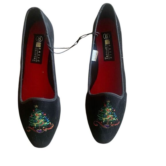 Basic Edition Women's Christmas Tree Embroidered Velvet Flats Size 8 Multicolor - Picture 1 of 12